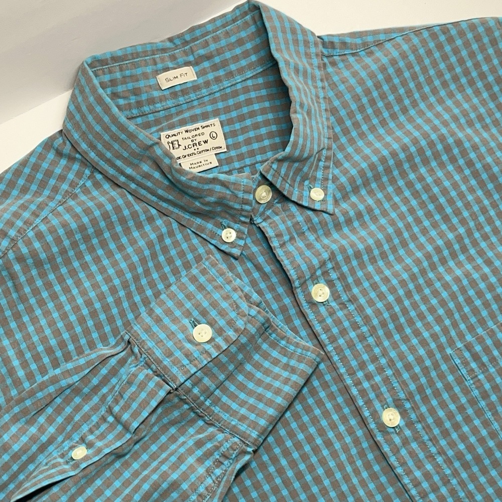 J Crew Mens Shirt Large Slim Fit Cotton Gingham Long Sleeve Button Up Preppy